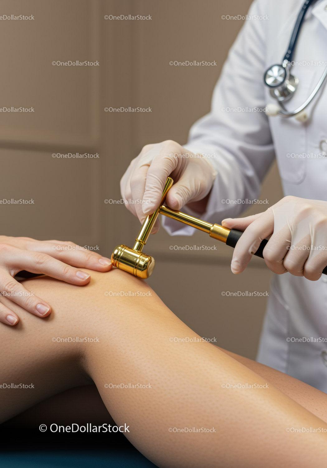 Doctor Performing Acupuncture on Patient Leg with Gold Acupuncture Needle
