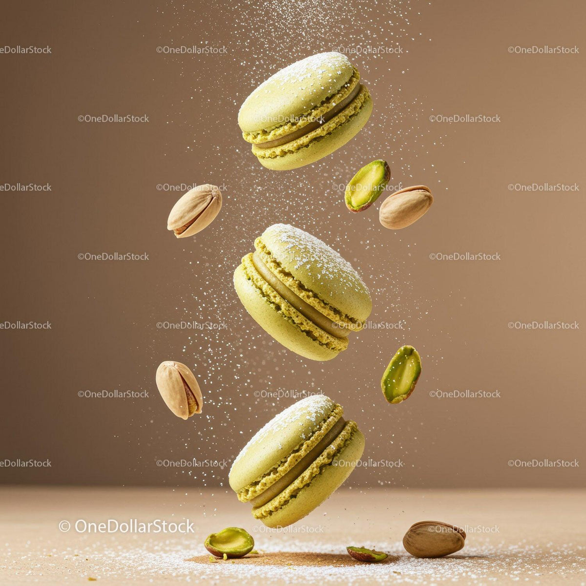 Pistachio macarons with powdered sugar and nuts
