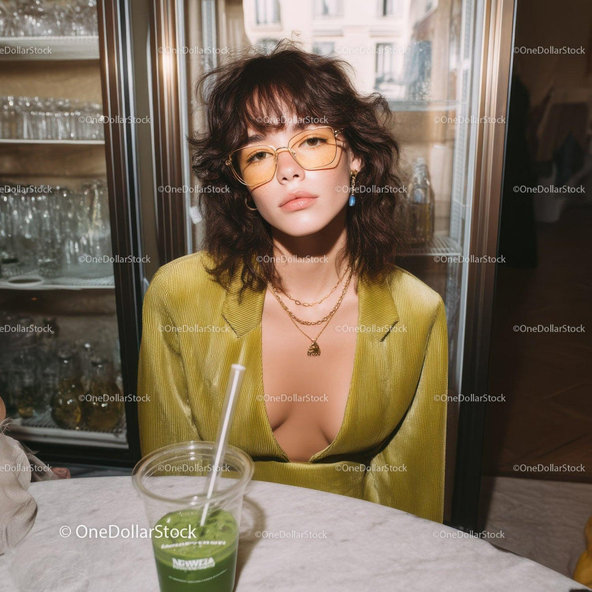 Fashionable Young Woman with Glasses in Yellow Blazer Sitting in Cafe