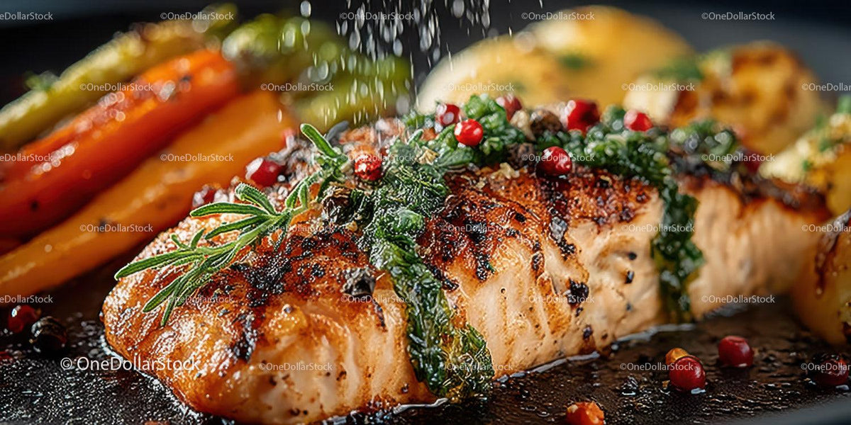 Gourmet Grilled Salmon Fillet with Herbs and Pomegranate Seeds