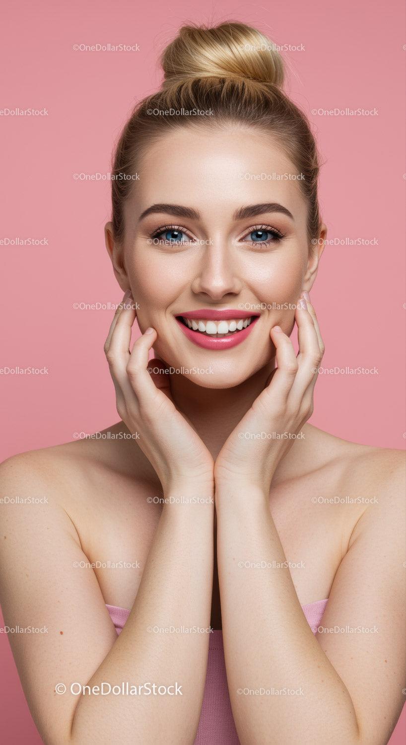 Beautiful Blonde Woman with Blue Eyes Smiling Portrait on Pink Background