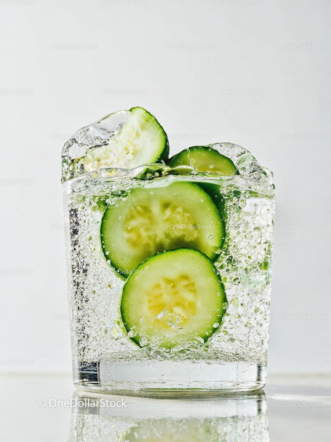Refreshing sparkling water with fresh cucumber slices
