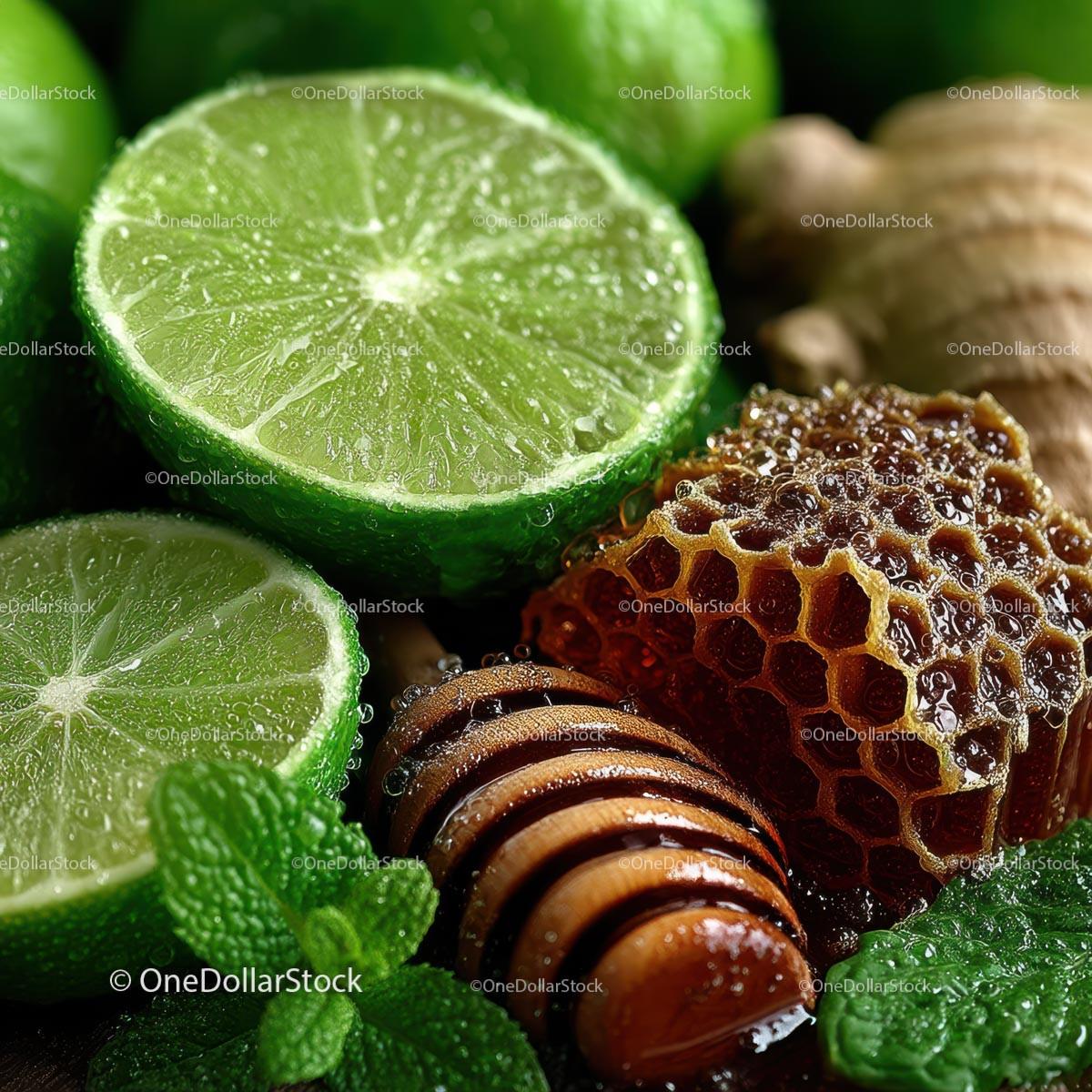 Fresh Limes, Mint Leaves and Honeycomb for Delicious Recipes Stock Photo Bundle preview 25
