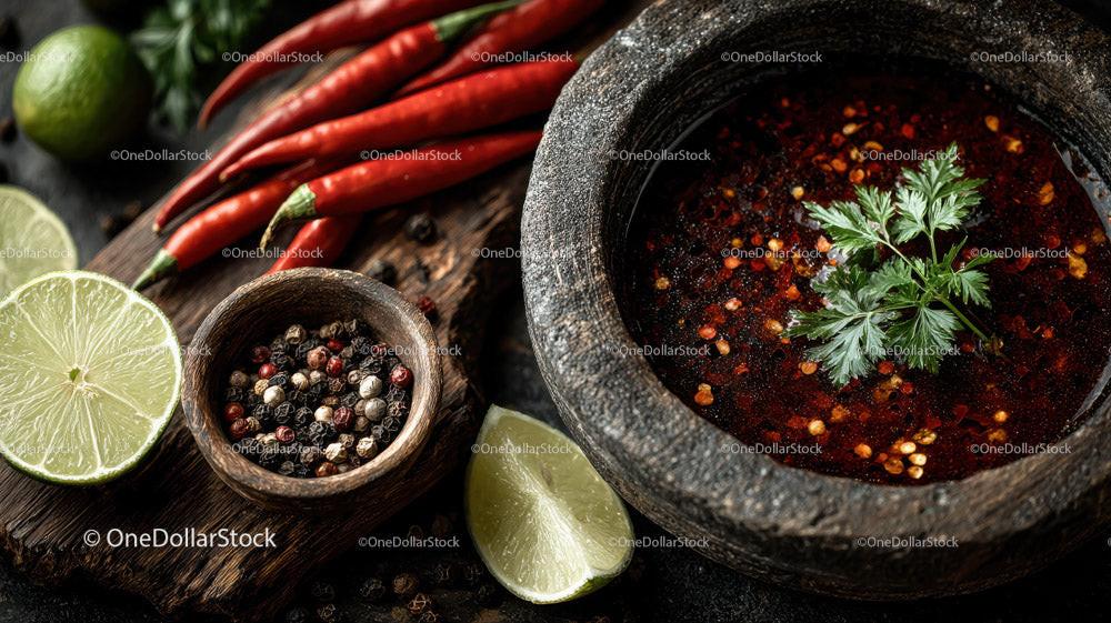 Spicy Asian Beef Stew with Rice and Fresh Herbs in a Black Stone Bowl Stock Photo Bundle preview 23