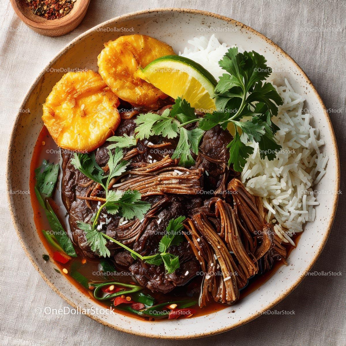 Savory Beef Stew with Rice and Fried Plantains