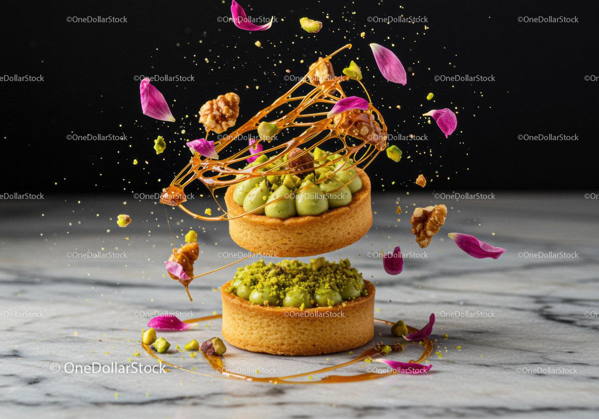 Green Pistachio Tarts Decorated with Walnuts and Rose Petals