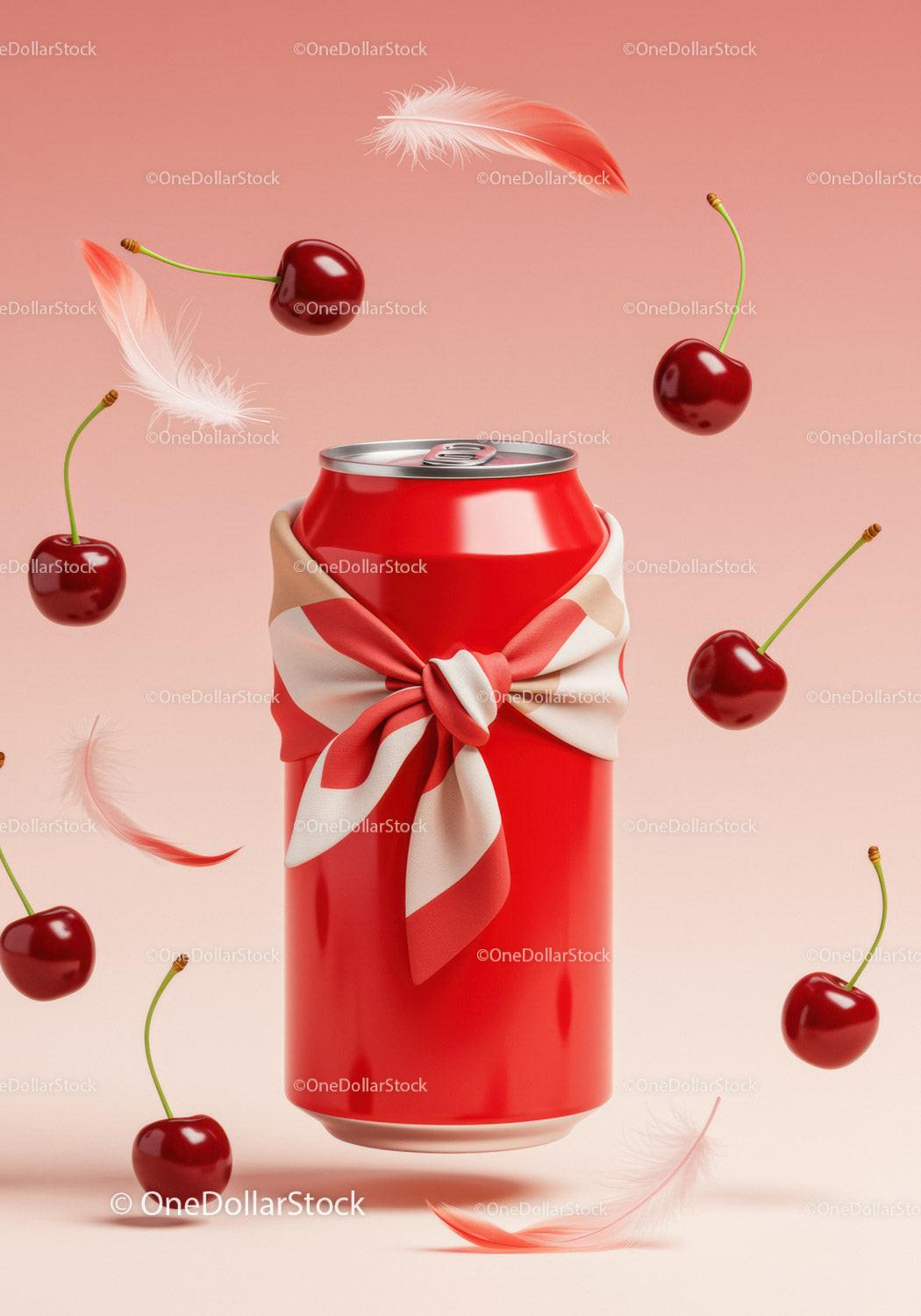 Red soda can with bow surrounded by cherries and feathers