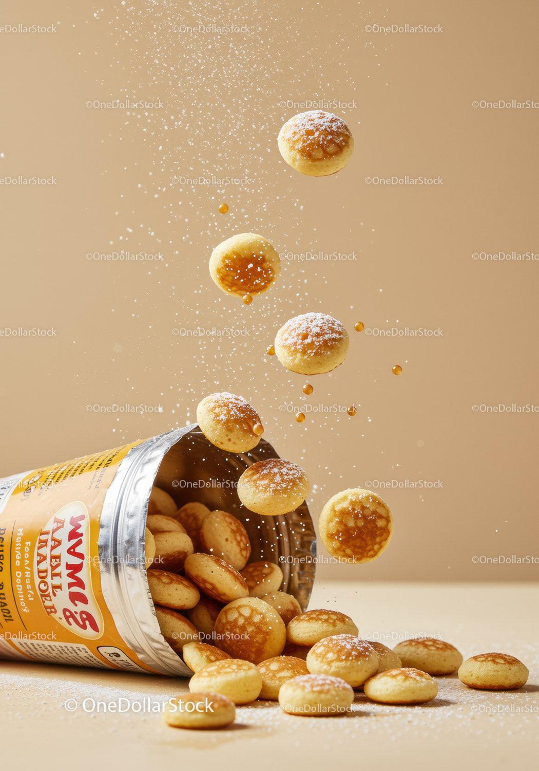 Mini Pancakes Sprinkled with Powdered Sugar in Motion