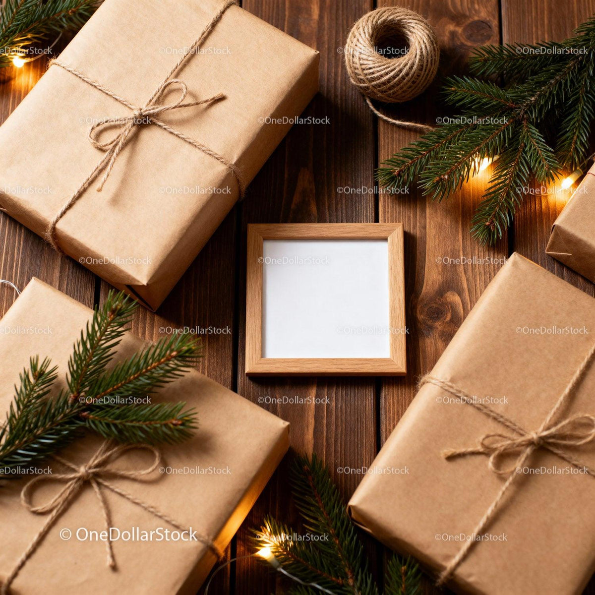 Rustic Wrapped Christmas Gifts with Pine and Lights JPG Mockup Image preview