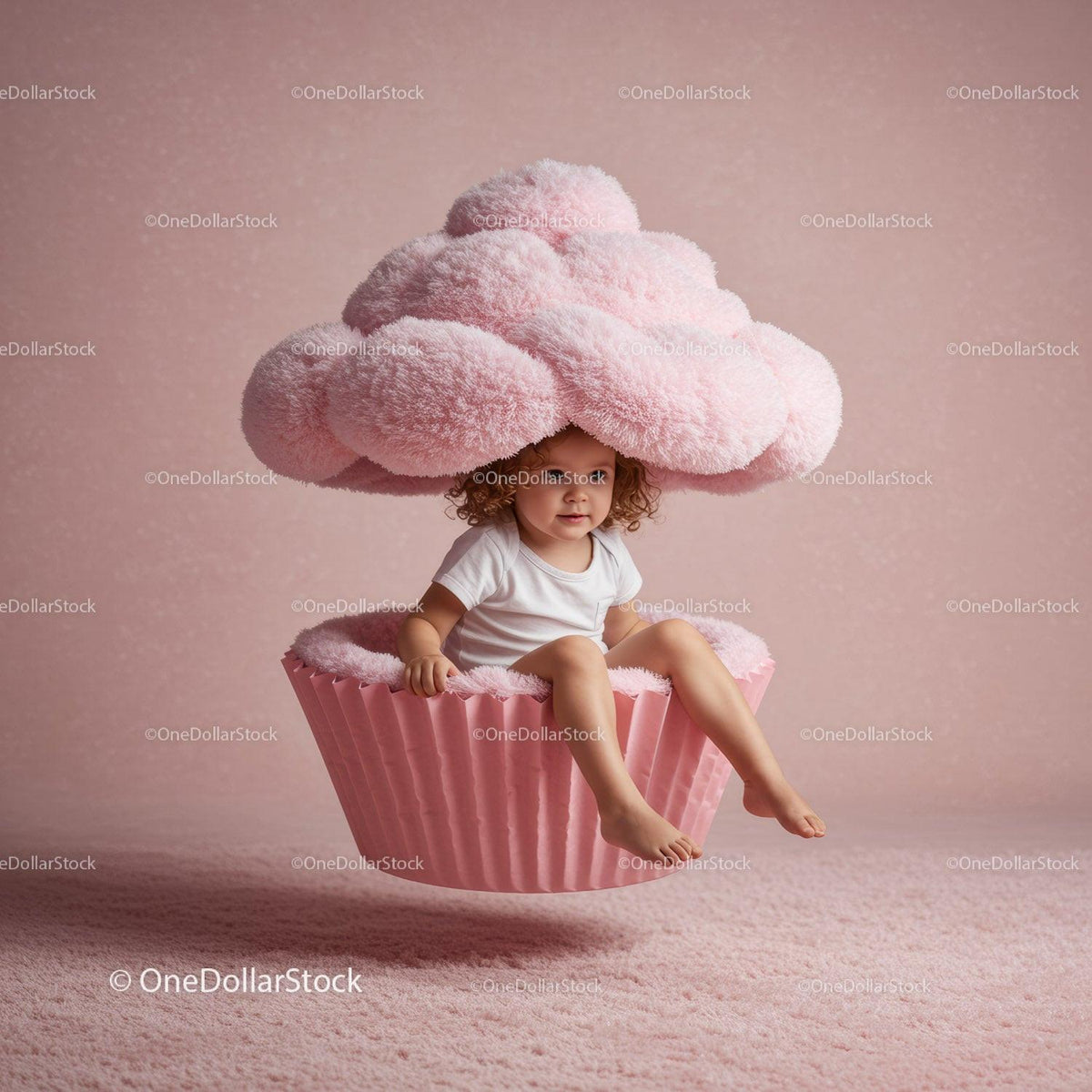 Toddler Sitting Inside Giant Fluffy Pink Cupcake