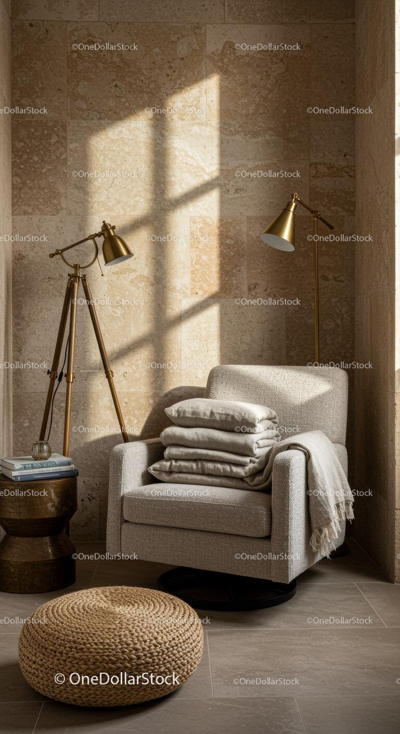 Cozy beige armchair nook with warm natural light