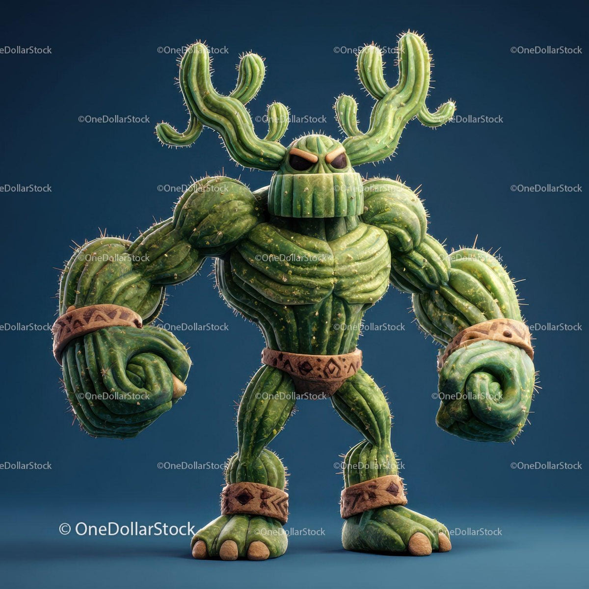 Green muscular anthropomorphic cactus creature with spines and clay bands on blue background