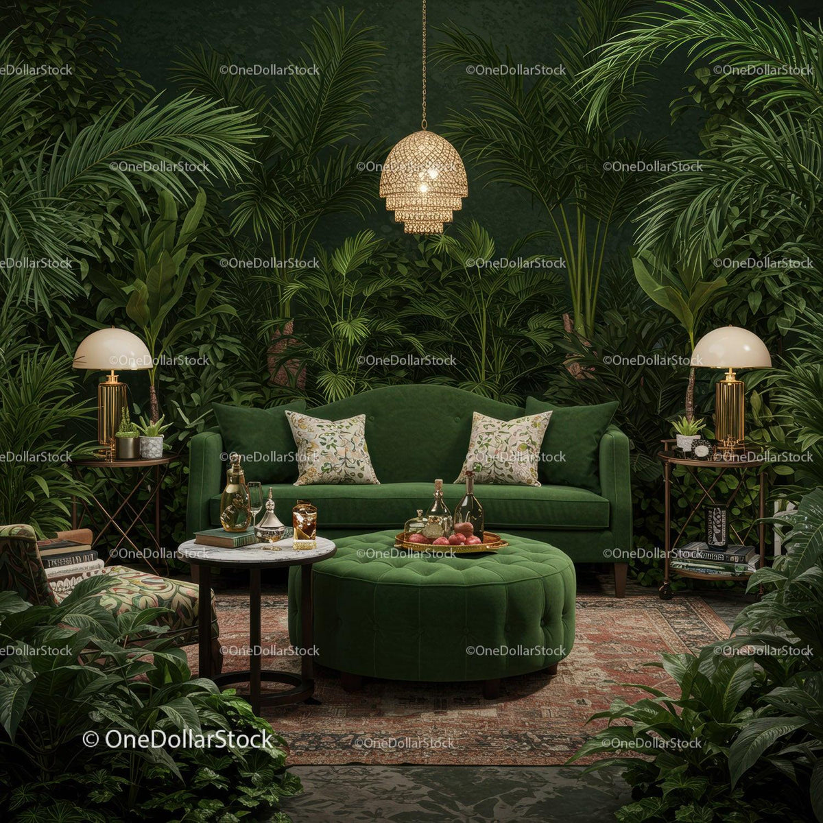 Cozy green velvet sofa in lush indoor jungle living room