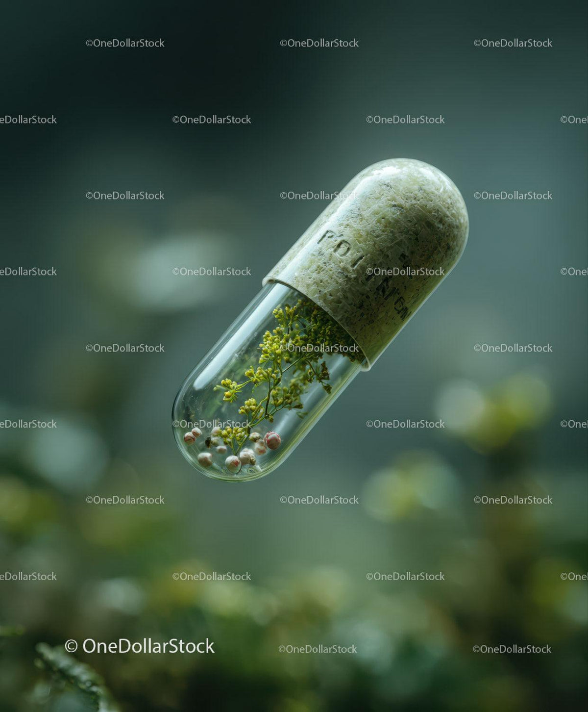 Transparent capsule with yellow dried flowers and small white spheres inside over blurred green background