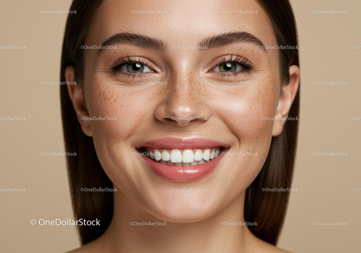 Close up of young woman smiling with freckles