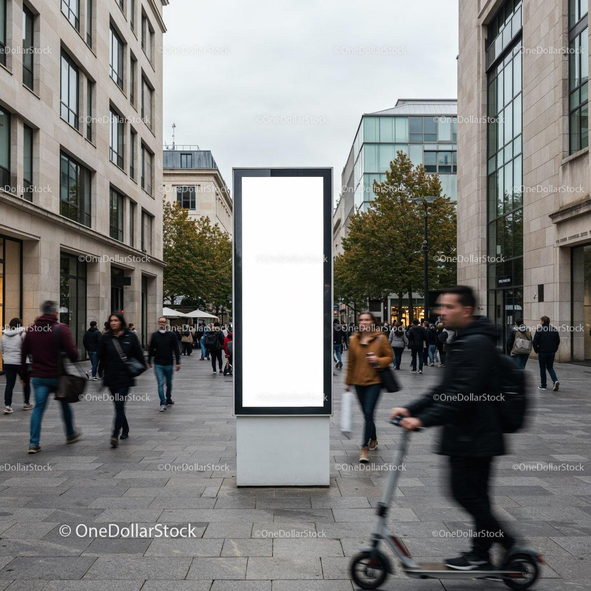 Busy urban street with blank advertising board and pedestrian motion JPG Mockup Image preview
