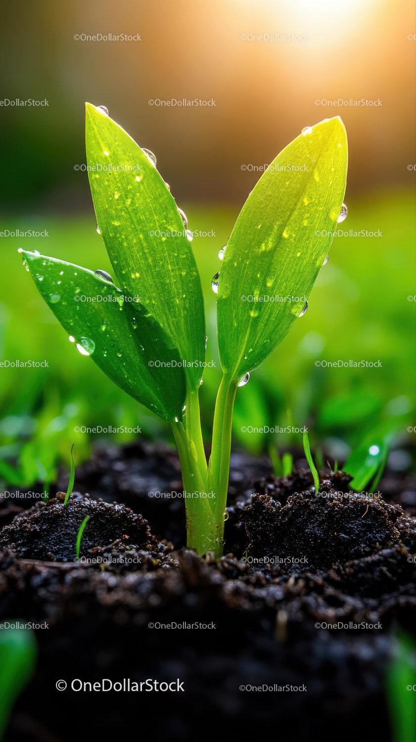 Fresh Green Seedling with Dew Drops in Natural Soil Landscape Stock Photo Bundle preview 23