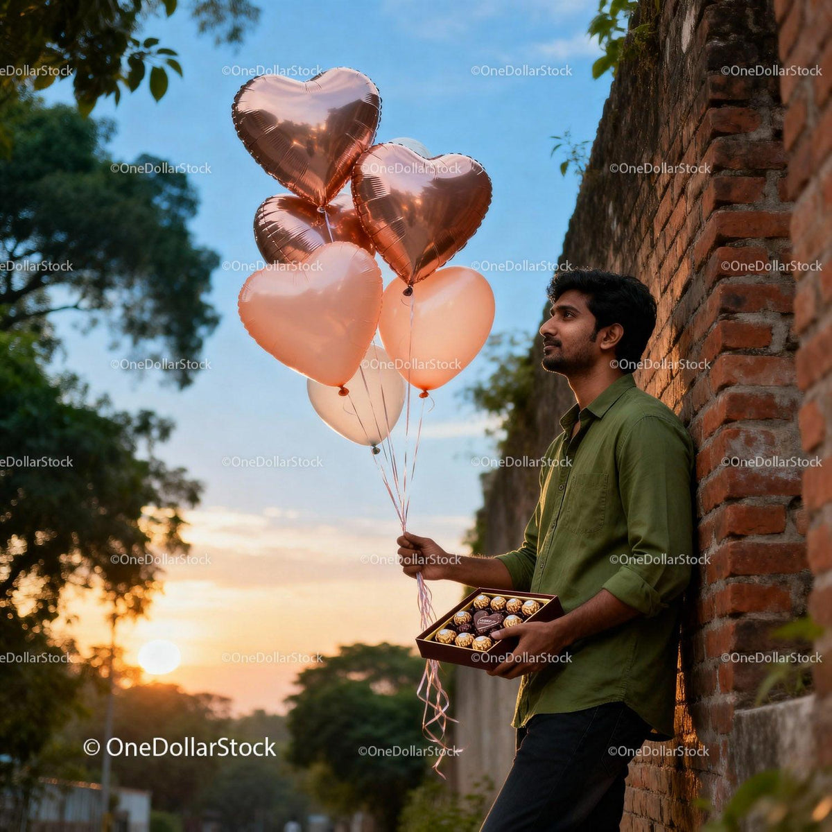 Man holding heart balloons and chocolates at sunset