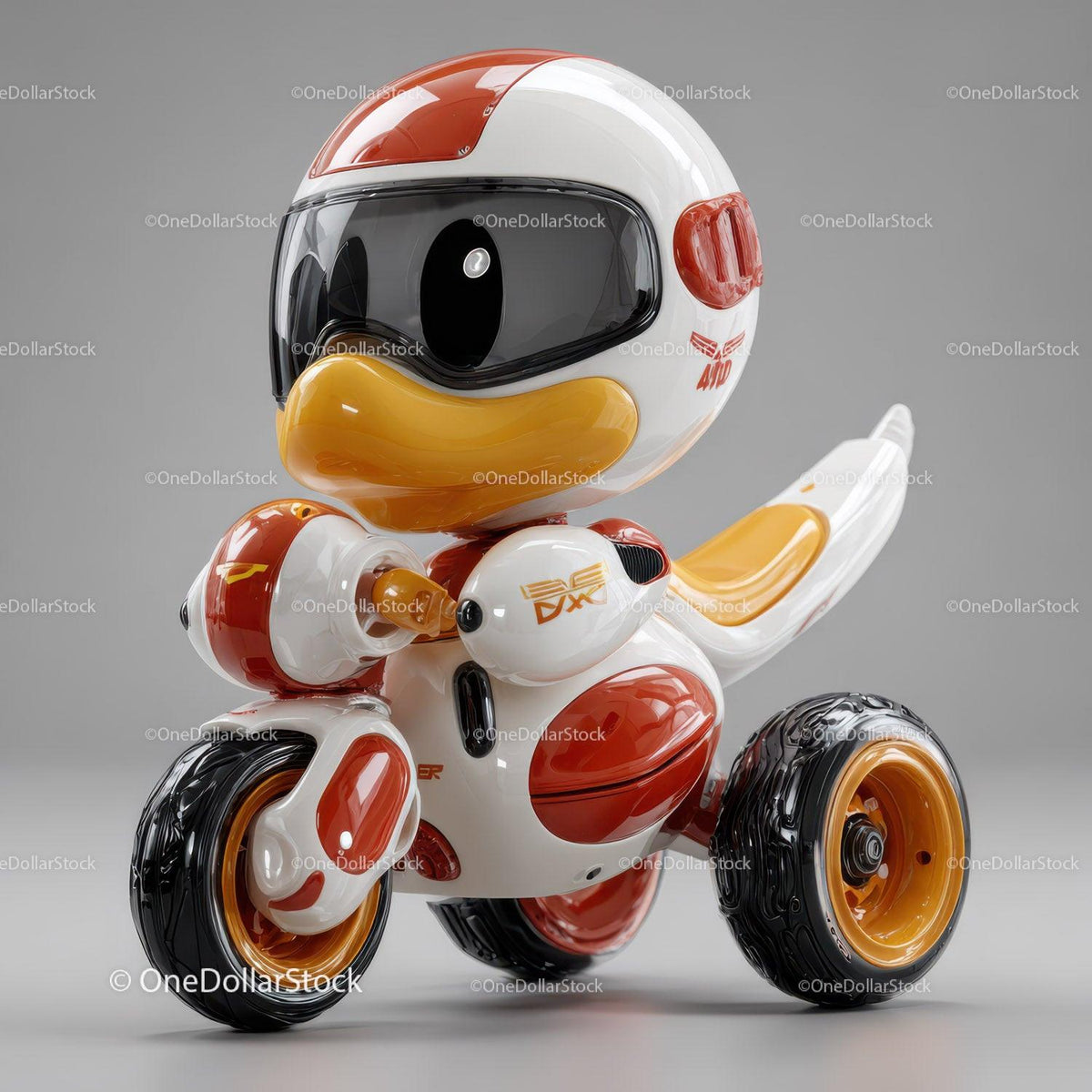 Duck robot figure with orange beak black visor on three wheels in white and red colors