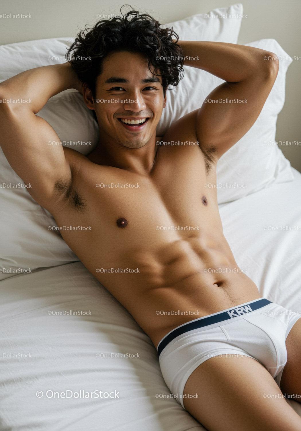 Smiling young man relaxing on bed wearing white underwear