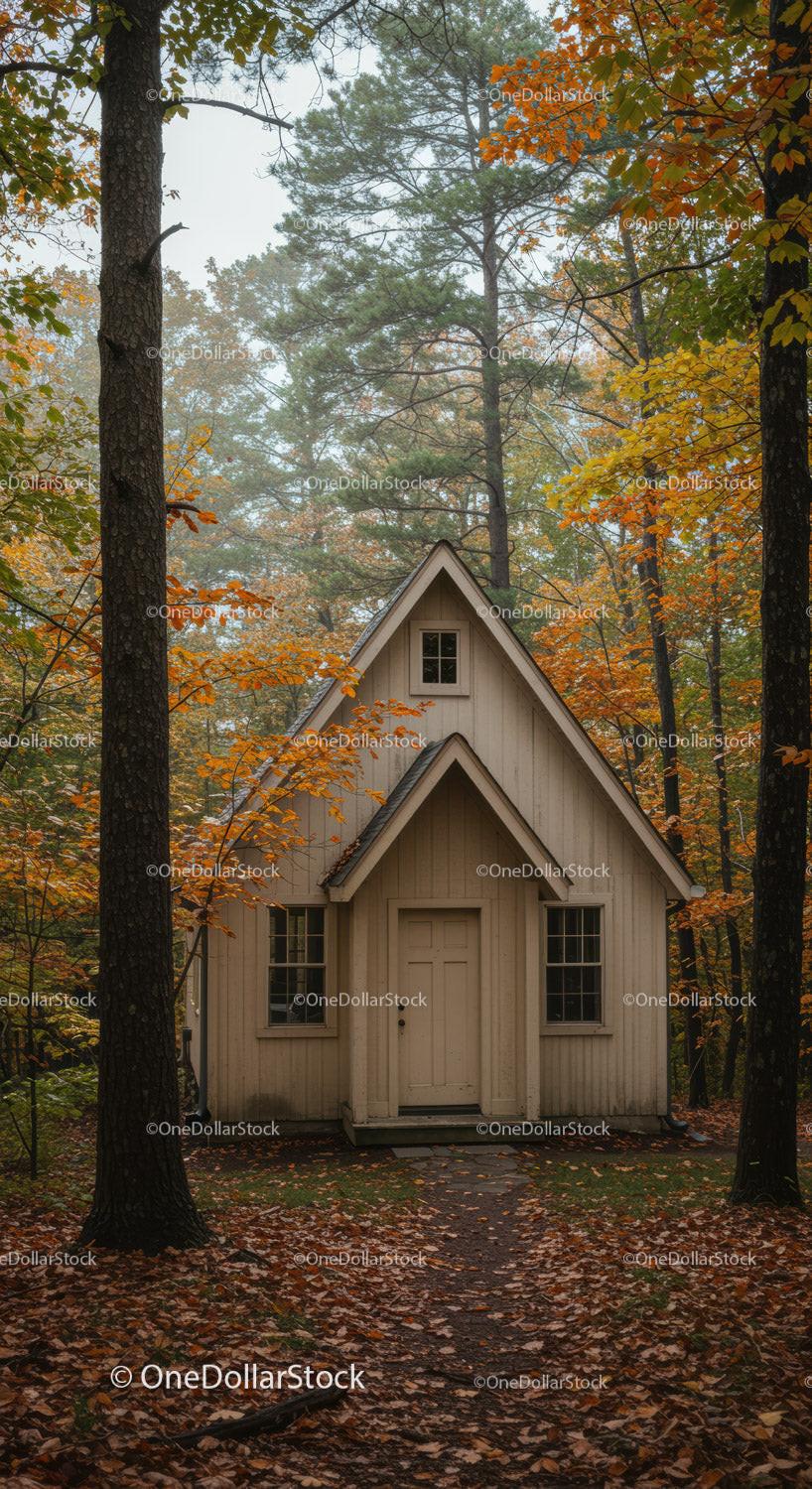 Cozy cottage nestled in autumn forest landscape