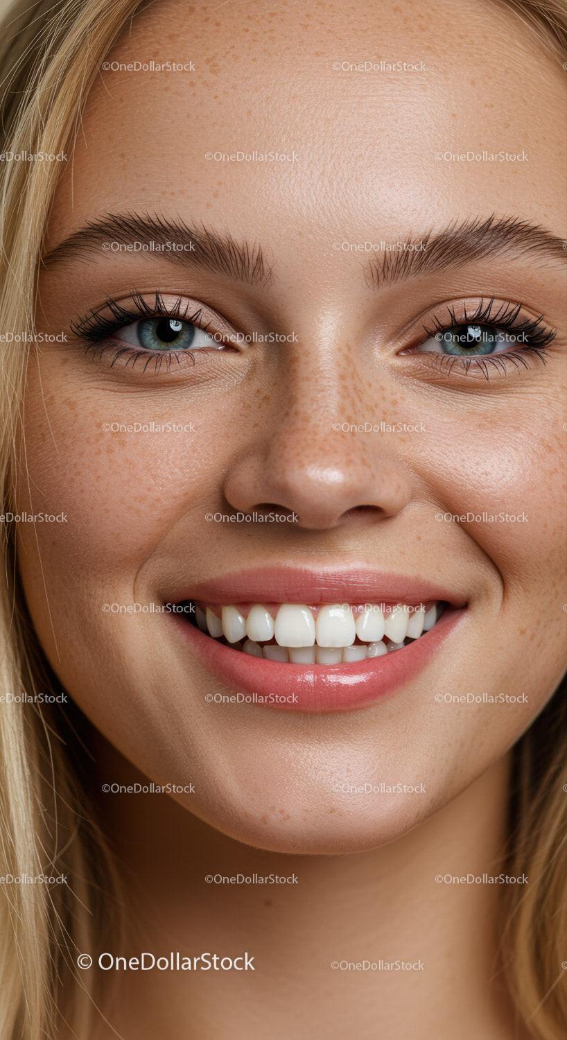 Close up portrait of smiling young woman with freckles