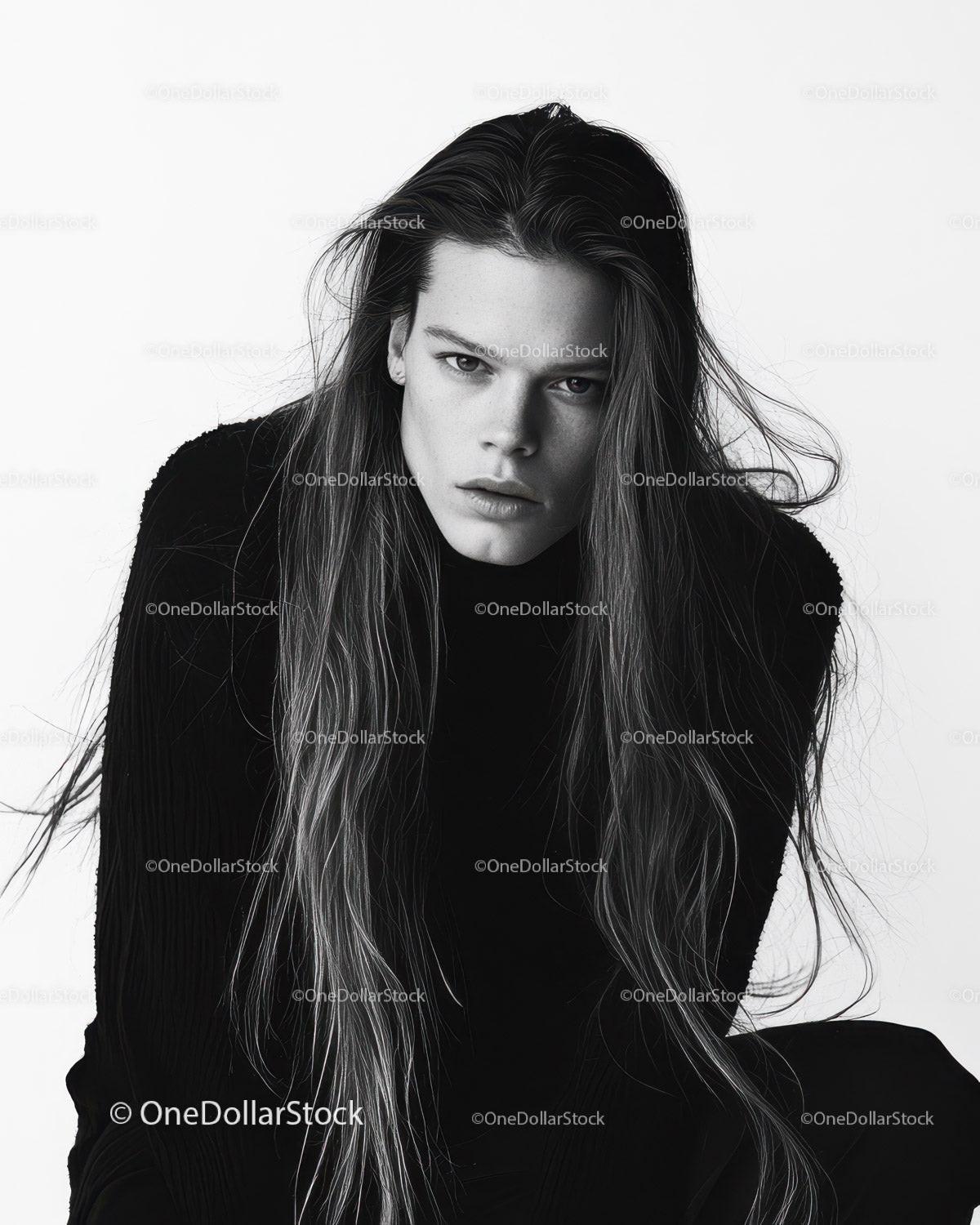Black and White Portrait of a Fierce Woman with Long Hair