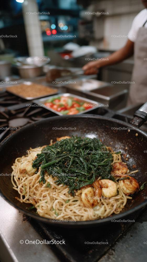 Stir-Fried Noodles with Vegetables in a Professional Street Food Setting Stock Photo Bundle preview 25