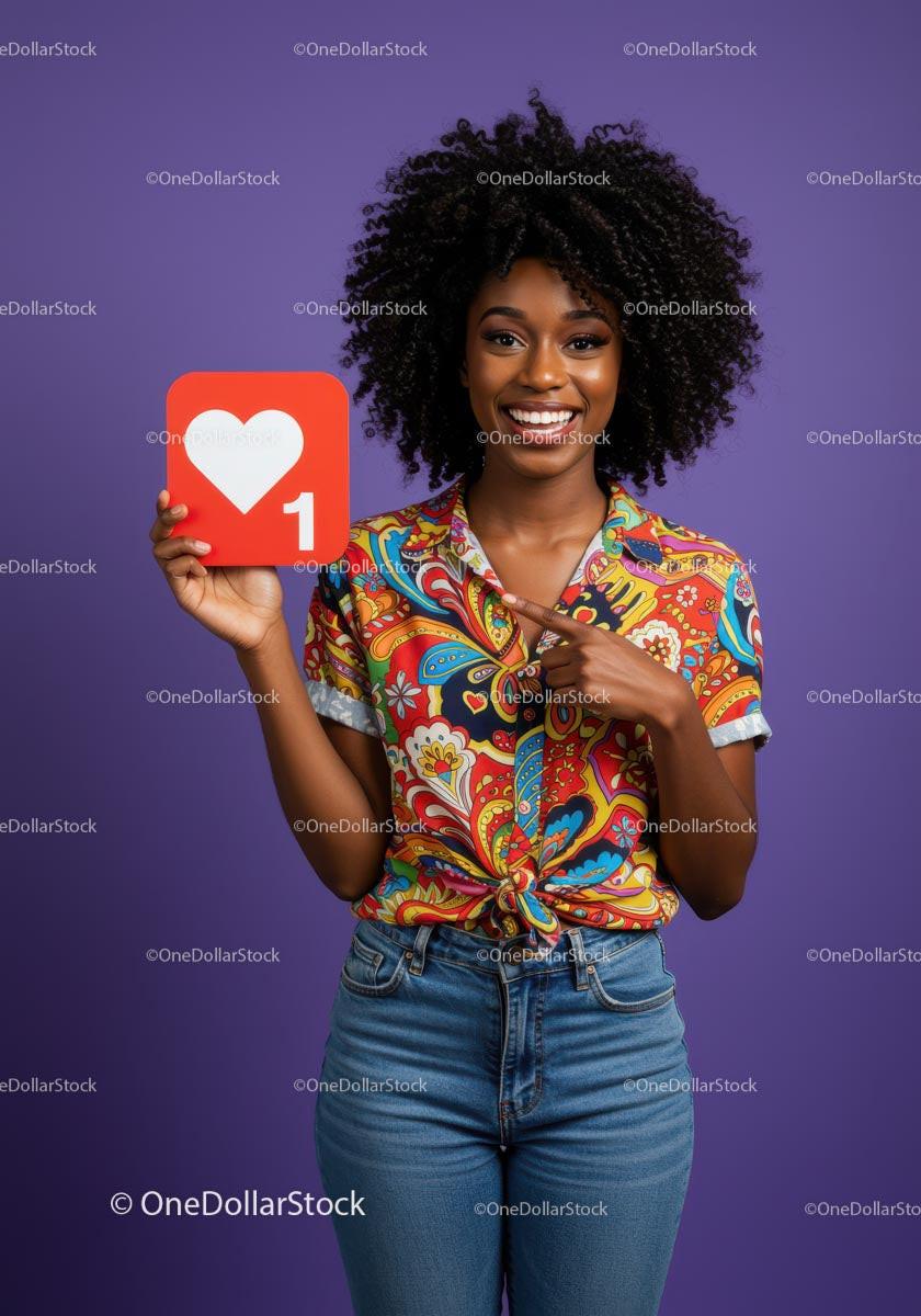 Smiling Woman Holding Heart Sign with Colorful Shirt Against Purple Background 74 JPG Files digital asset preview