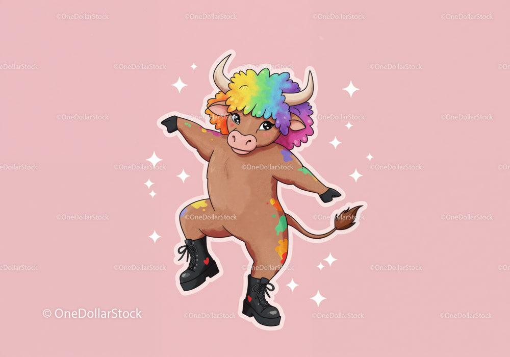 Cartoon brown bull with rainbow afro dancing wearing black boots on pink background