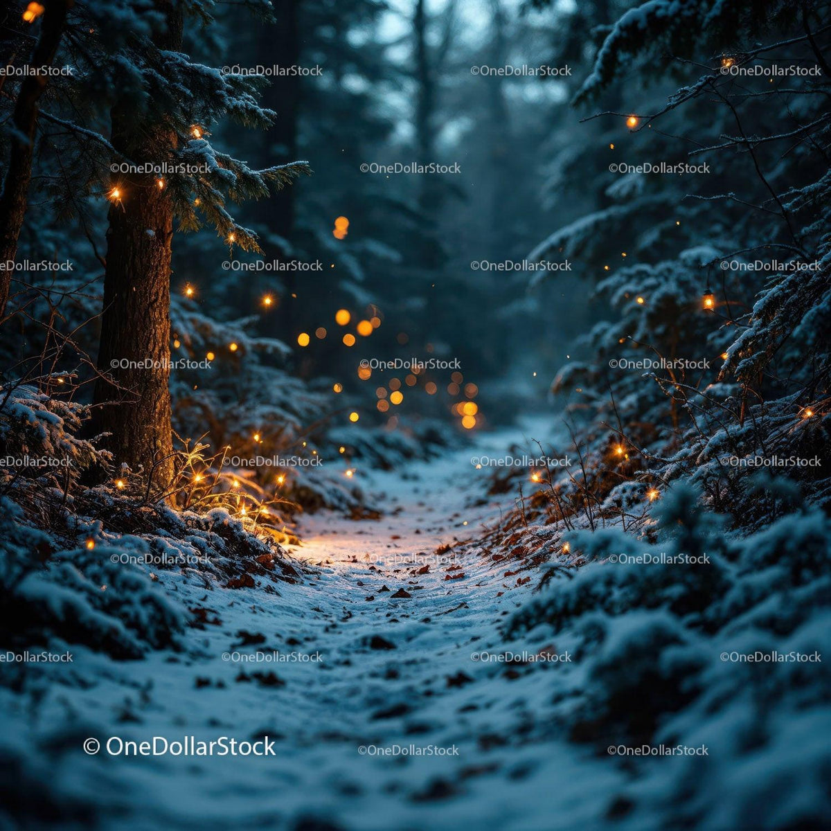 Snowy forest path illuminated by warm glowing lights