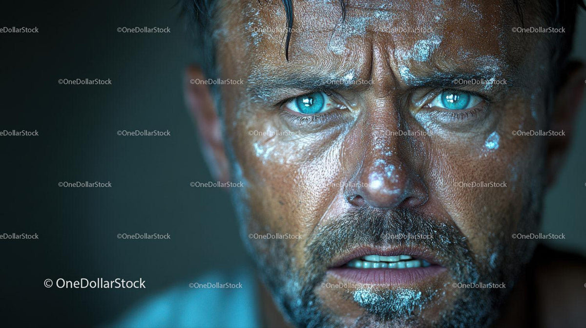 A sweaty middle-aged man with bright blue eyes and beard closeup