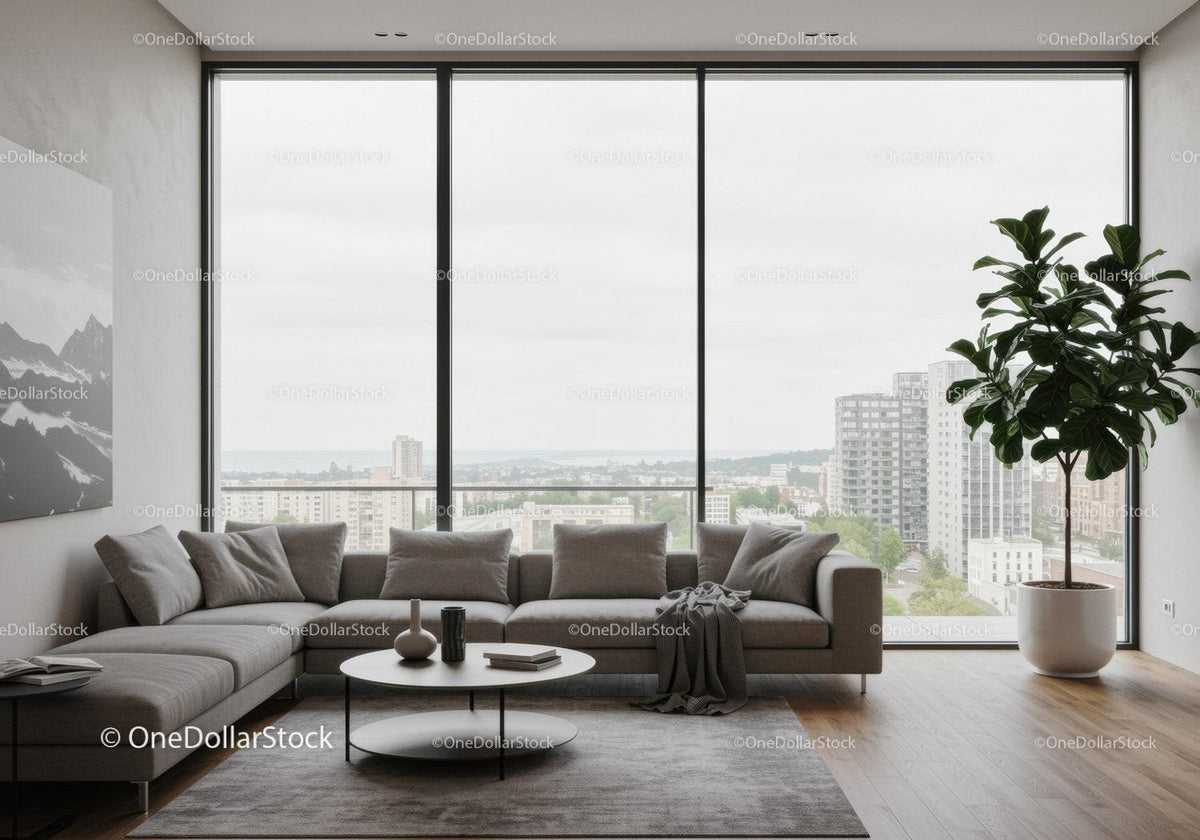 Modern Living Room with City Skyline and Indoor Plant