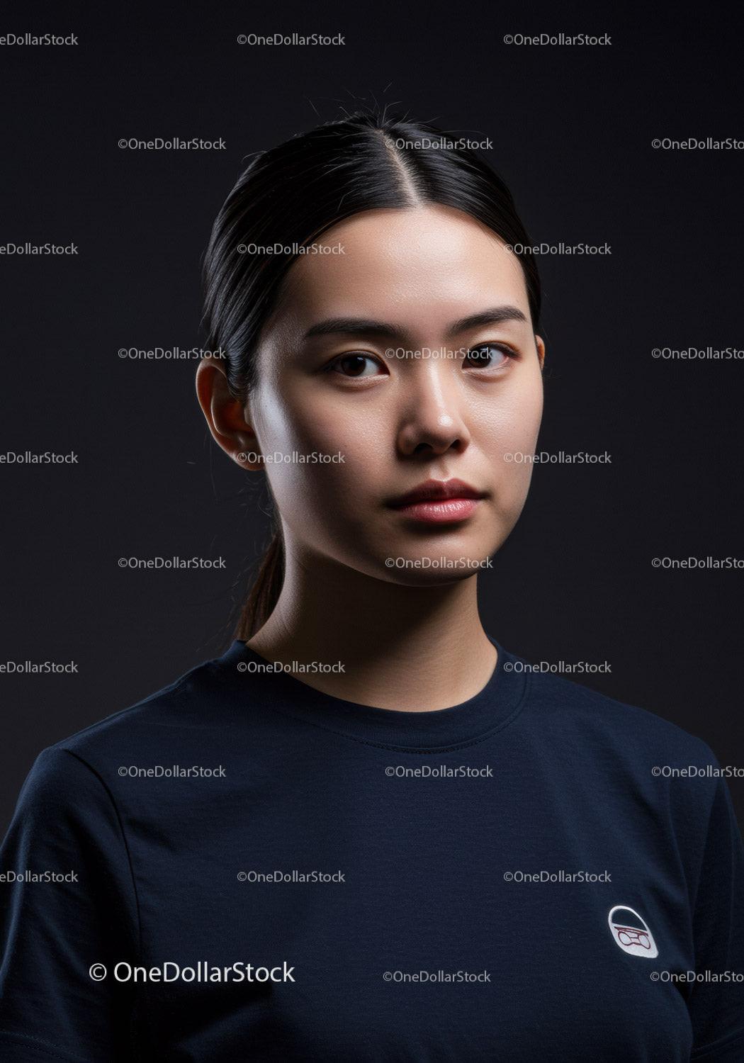 Thoughtful young woman with dark hair in studio light