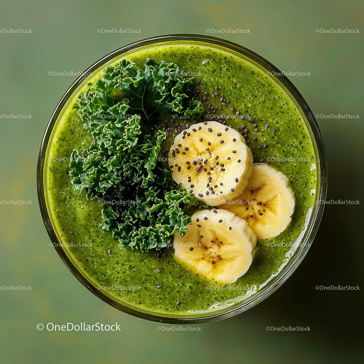 Green Banana Kale Smoothie in Glass with Fresh Fruit and Vegetables