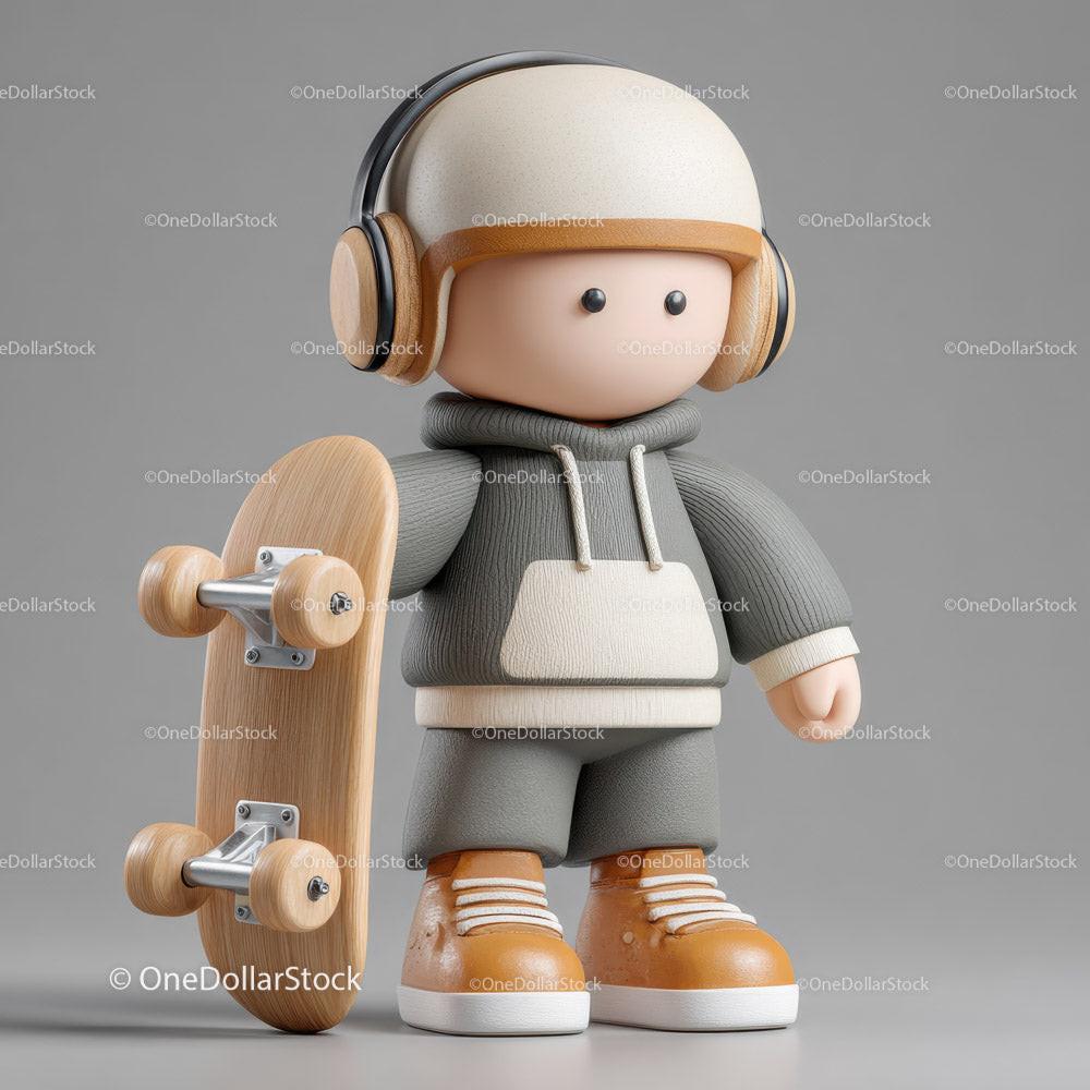 3D stylized figure wearing gray hoodie and brown boots holding wooden skateboard with headphones