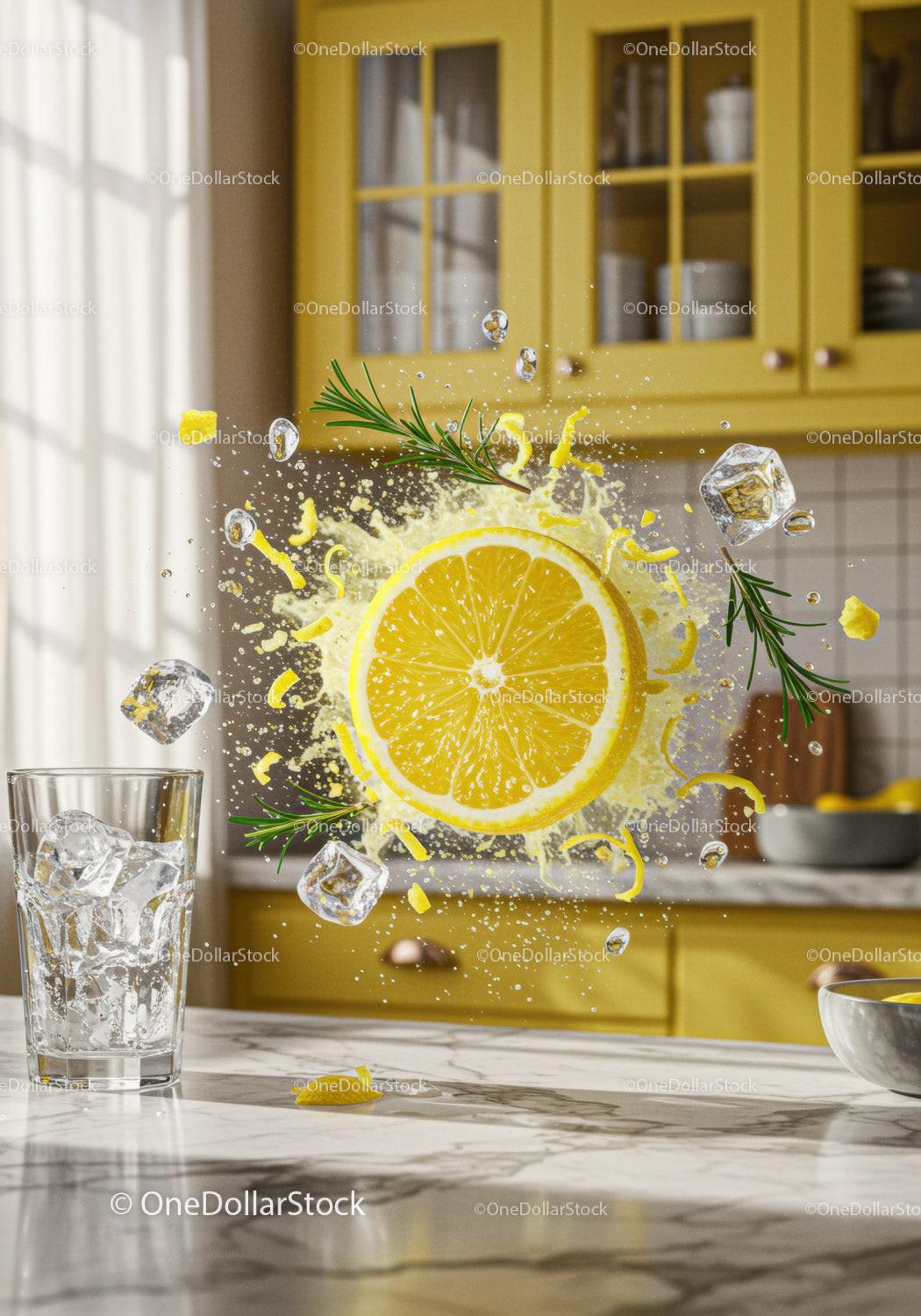 Fresh Lemon Slice Splash with Ice and Herbs in Kitchen