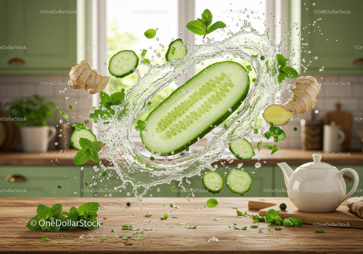 Refreshing cucumber and ginger splash with fresh herbs
