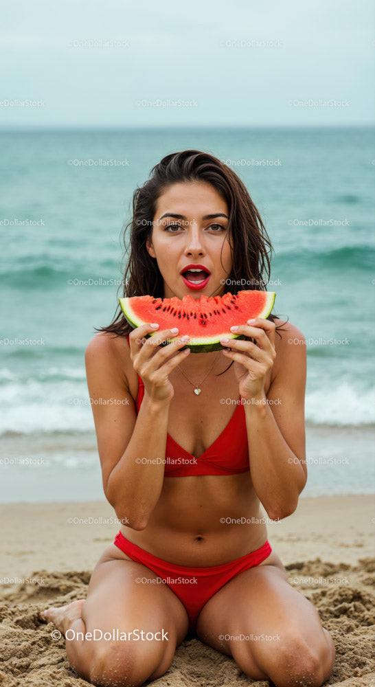 Young Woman in Red Swimsuit Eating Watermelon on Beach