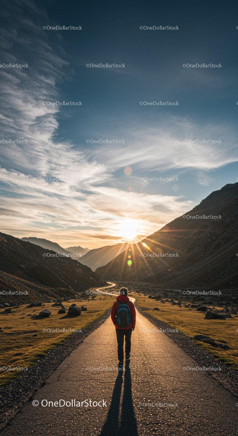 Mountain Valley Sunset Scene with Hiker and Scenic Trail