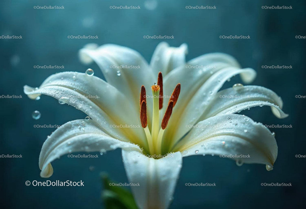 Close-up of White Lily with Water Droplets in Floral Macro Photography