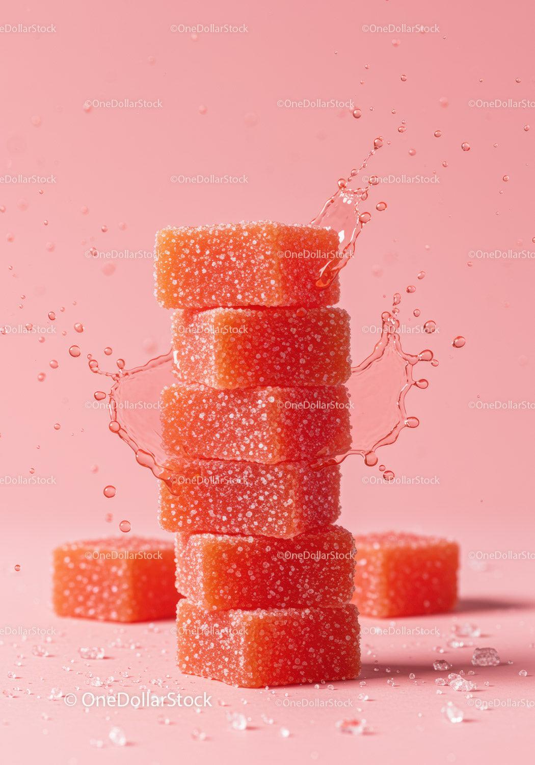 Stack of orange sugar-coated jelly candies with splash