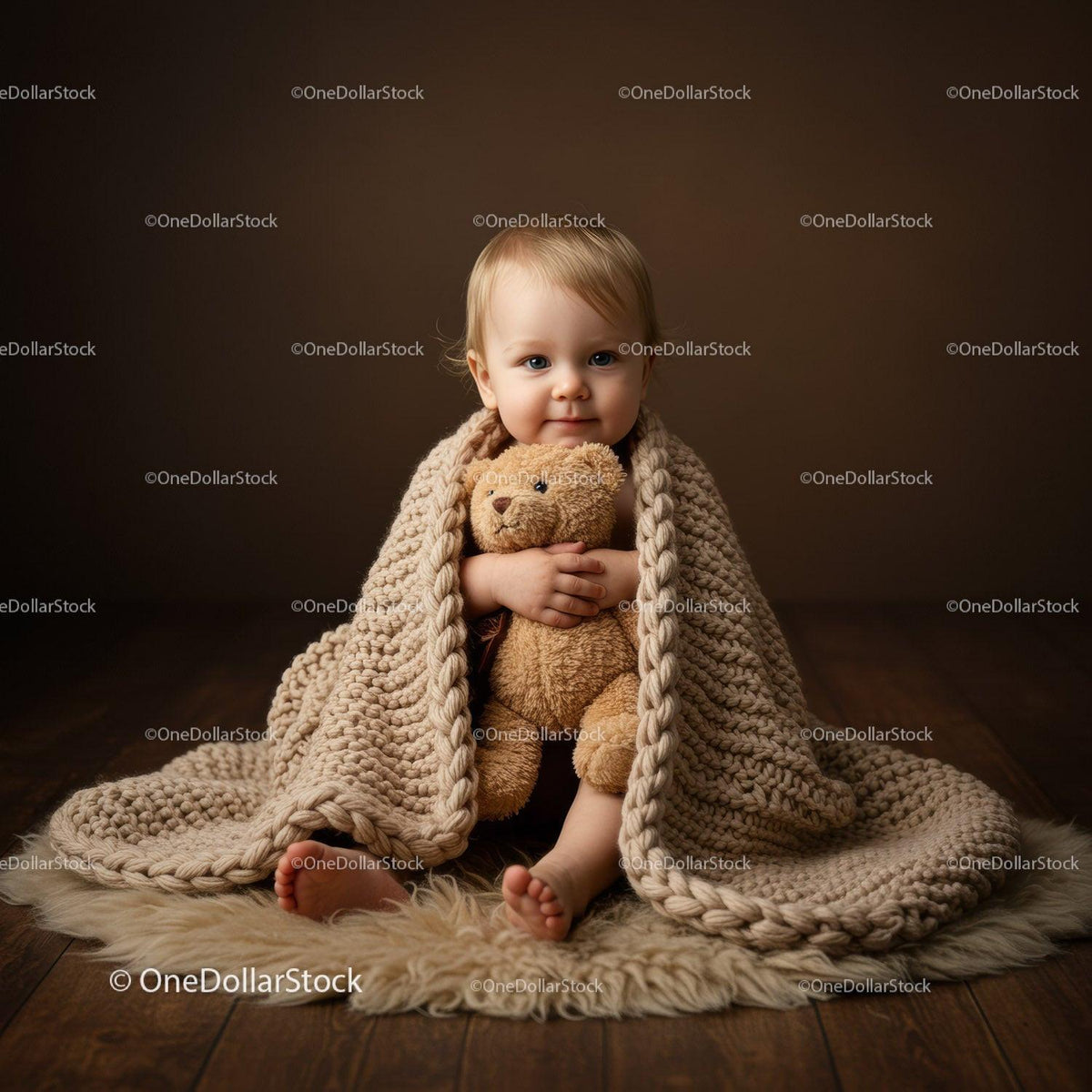 Toddler wrapped in knitted blanket hugging teddy bear