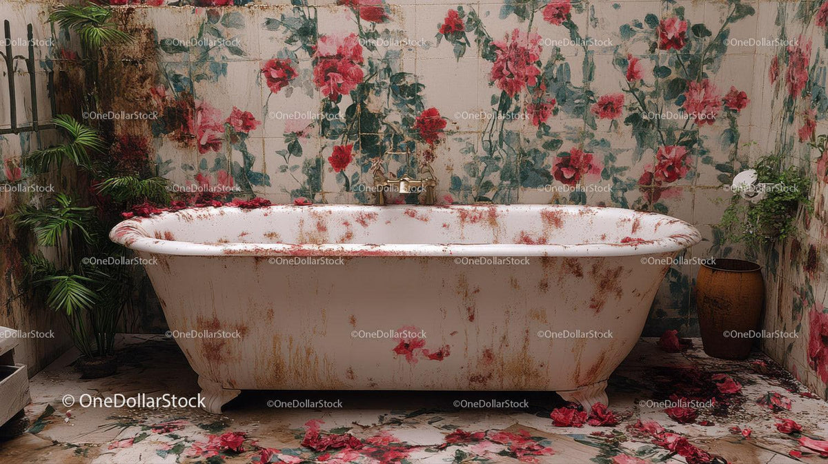 White vintage bathtub covered with red and pink flower petals in rustic floral bathroom decor