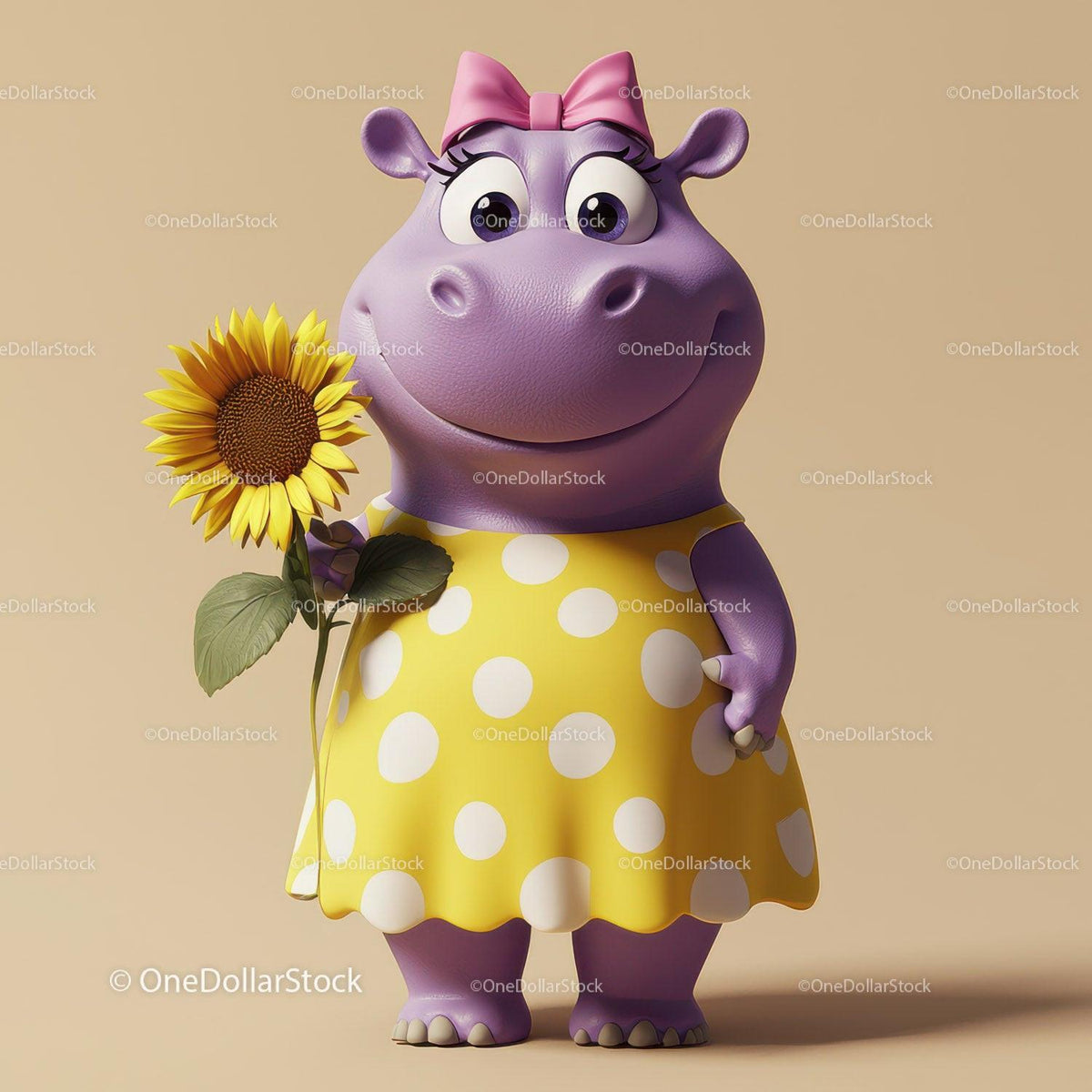 Purple hippopotamus in yellow polka dot dress holding a sunflower on beige background
