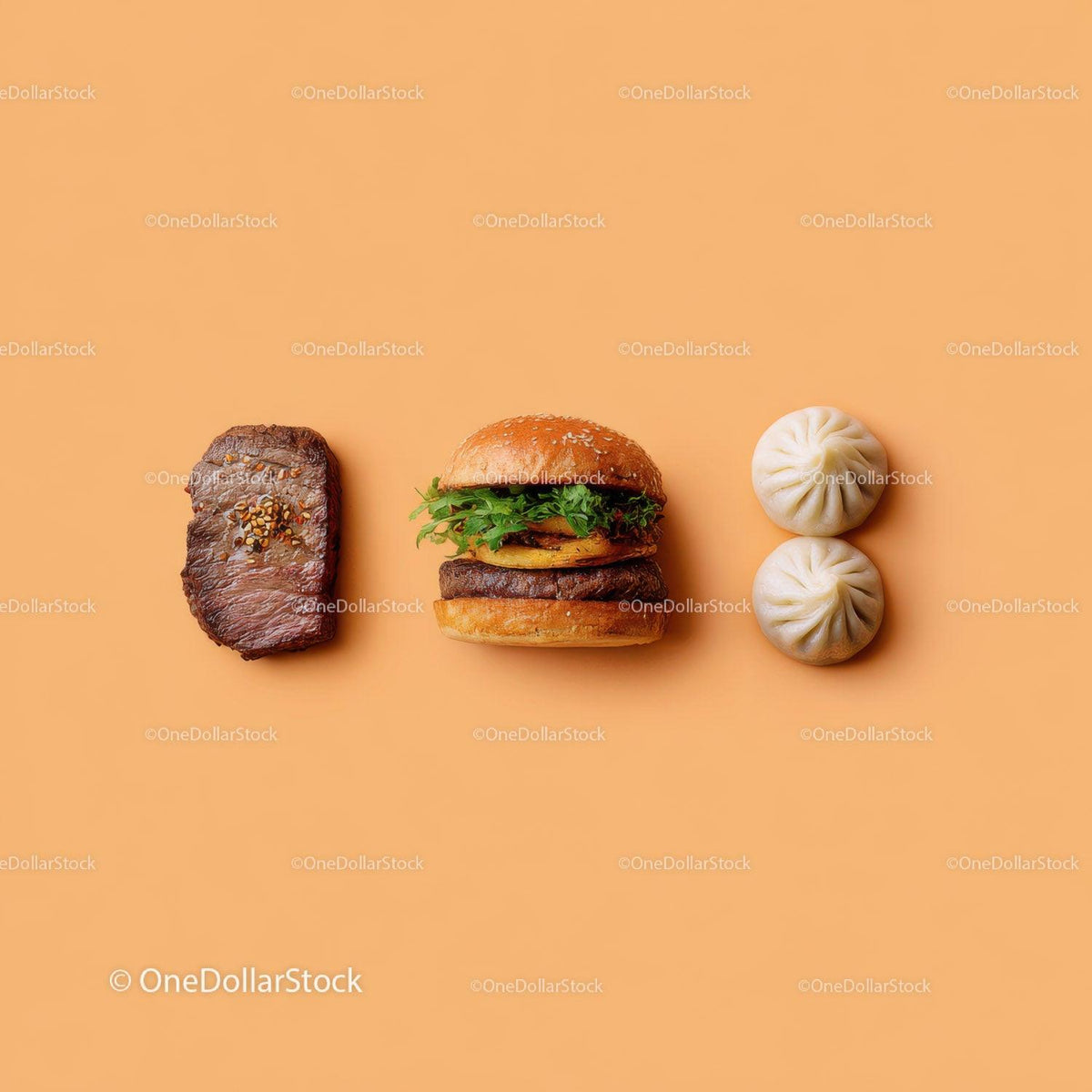 Gourmet Burger with Lettuce and Tomato Next to Grilled Steak and Dumpling Stock Photo Bundle preview 23