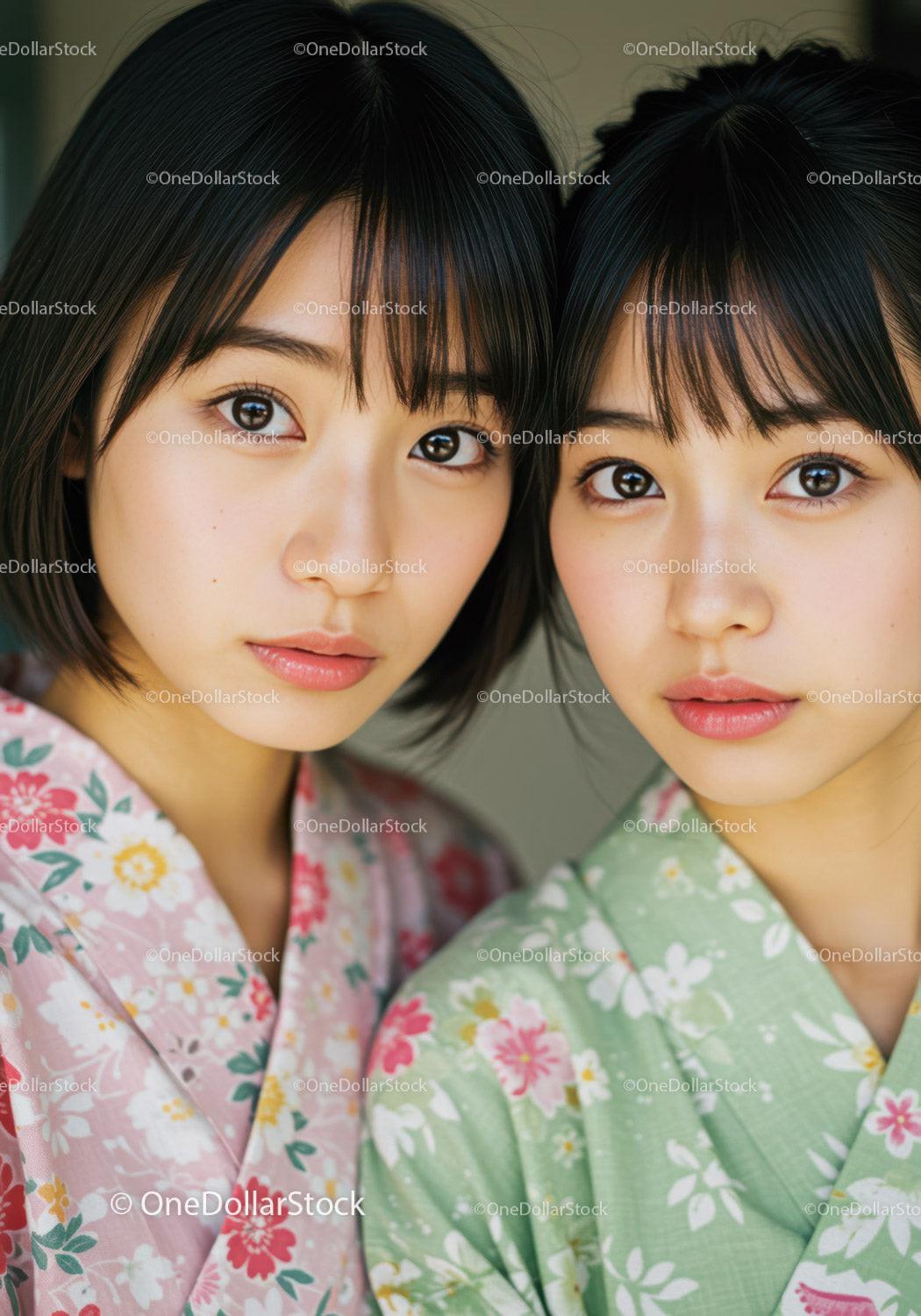 Elegant Japanese Women in Floral Kimono for Cultural Photography
