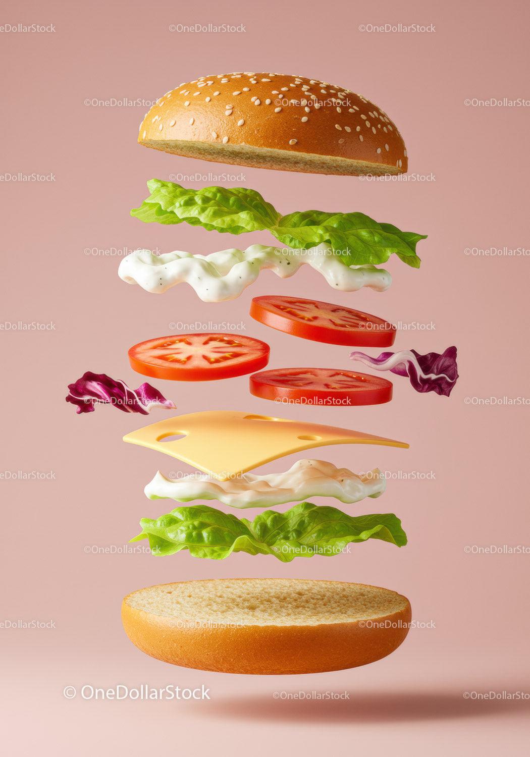 Fresh ingredients floating in classic cheeseburger assembly