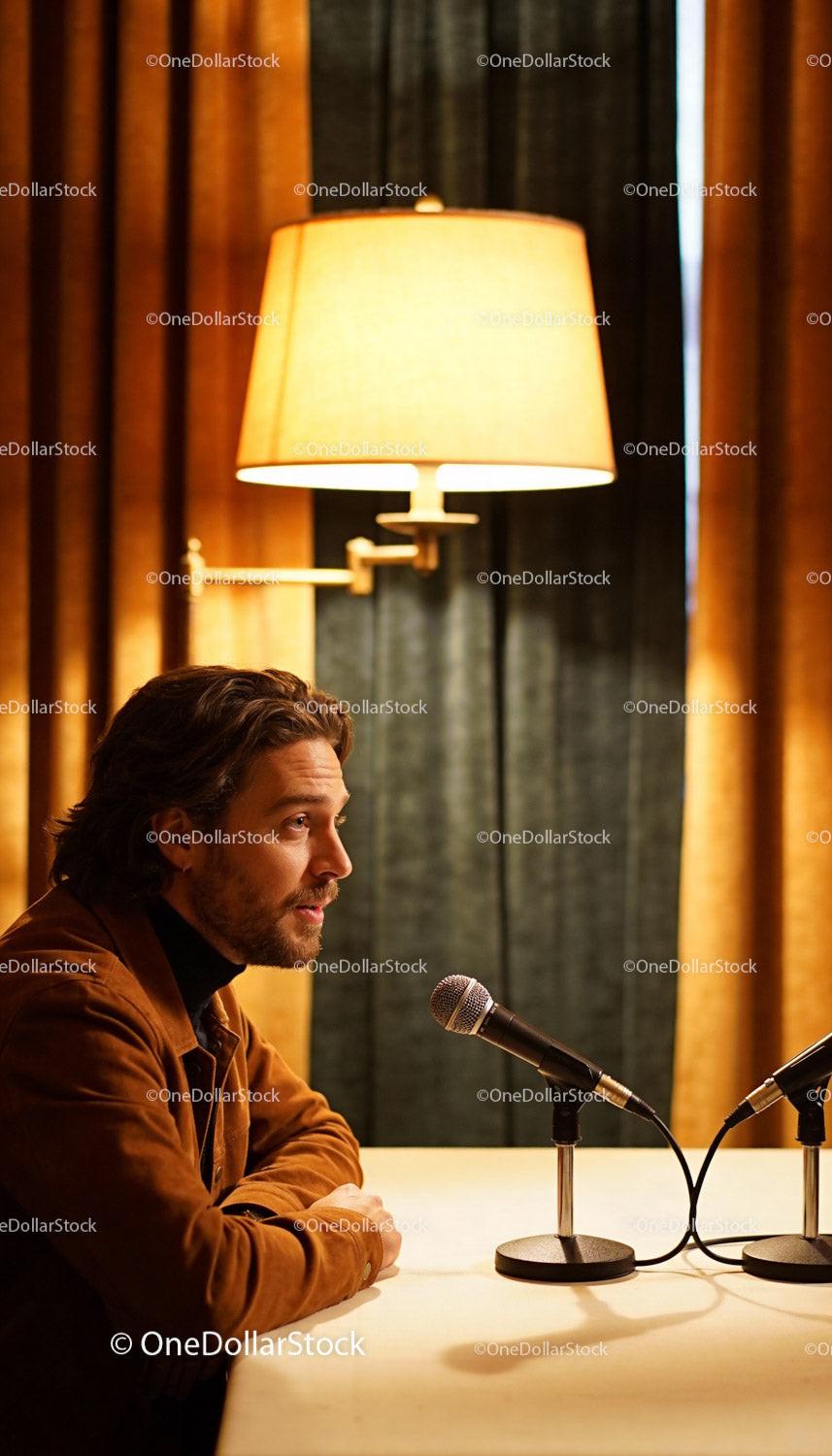 Man Speaking into Microphone in Cozy Podcast Setup