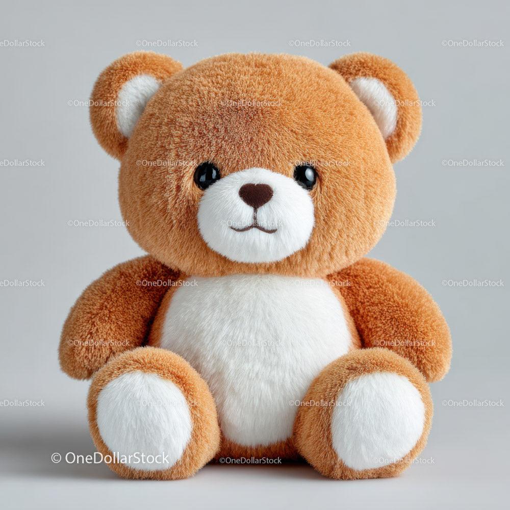 Brown and white plush teddy bear with black eyes sitting on gray surface